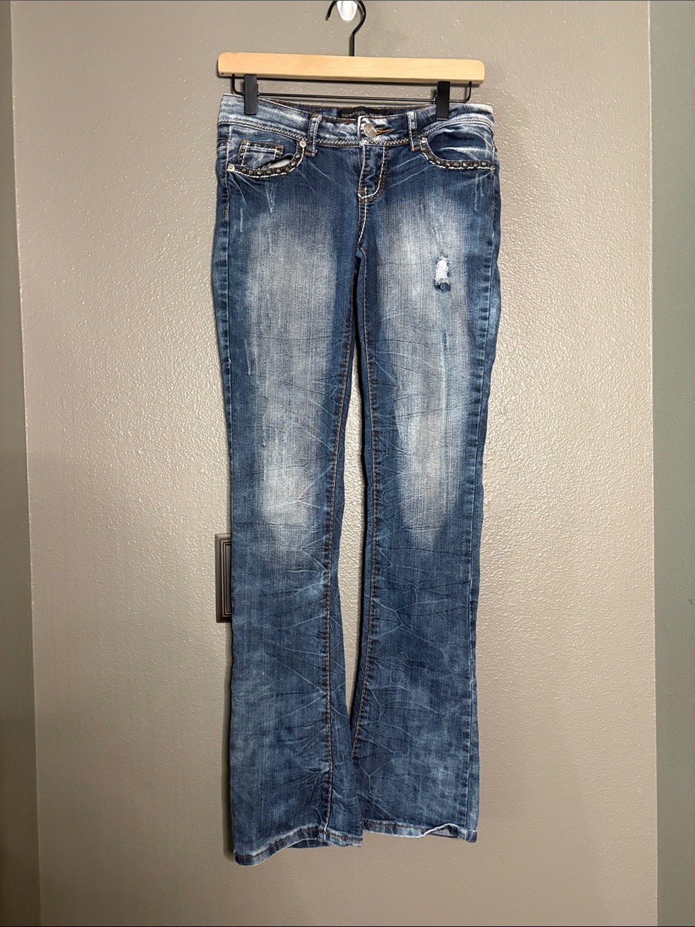 INSANE y2k acid wash blue studded bootcut jeans